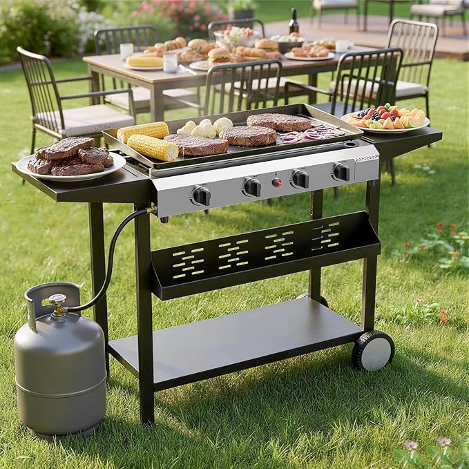 4 Burner Flat Top Grill, 30 Inch Stainless Steel Tabletop Portable Propane Griddle, 40,000 BTU BBQ Gas Griddle Flat Grill with Side Shelves for Camping