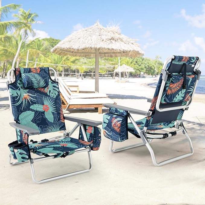 Giantex Folding Beach Chair, Patio Sling Chairs with 5 Adjustable Position, Head Pillow, Storage Bag, Towel Bar, Cup Holders, Backpack Chairs for Sunbathing, Camping Chair