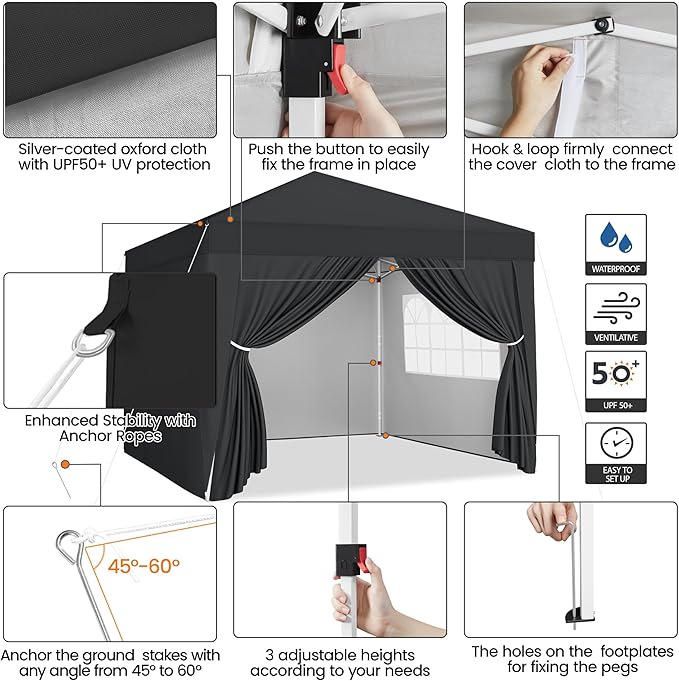Yaheetech 8x8 Pop Up Canopy with 4 Removable Sidewalls, Portable Enclosed Instant Tent, Waterproof Outdoor Tent, Beach Sun Shelter with 4 Sandbags, 8 Stakes & 4 Ropes, Black