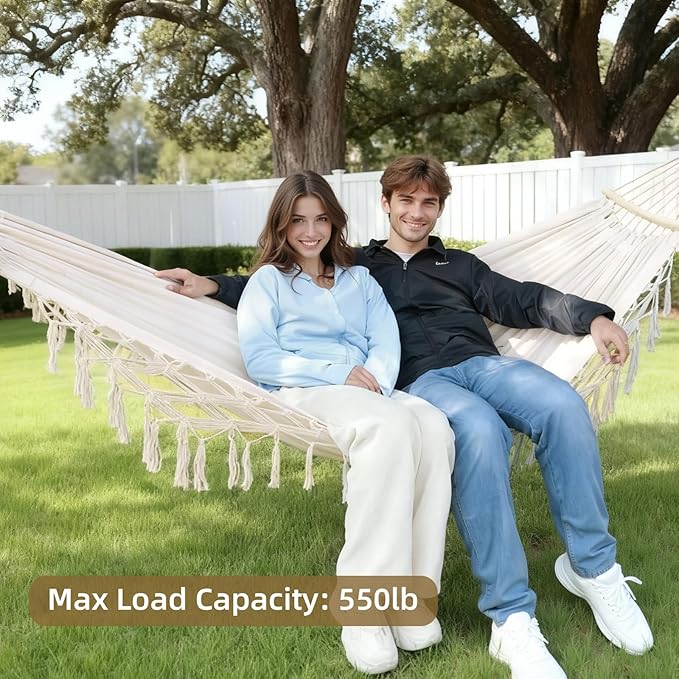 Portable Hammock, Hanging Hammock with Tassels and Fishtail Knitting, 320GSM Hanging Bed with Set Full Accessories for Outdoor Camping Patio Balcony Beige