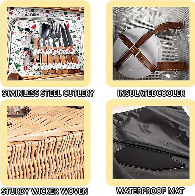 Wicker Picnic Basket Kit Set For 2 Adults With Blanket And Folding Wine Table,Multifunctional Picnic Set Insulated Portable Big Storage Capacity Full Tablewares,Camping,Outdoor,Christmas,Wedding,Gifts