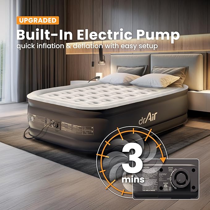 Full Air Mattress with Built-in Pump, 18" Raised Blow Up Mattress, 600 lbs Max Honeycomb Air Bed, 48Hr Leak-Proof Test, 3min Inflatable Mattress for Home, Guests, Camping, Colchones inflables