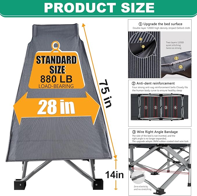LILYPELLE Folding Camping Cot, Extra Wide Heavy Duty Sleeping Cots with Carry Bag, Double Layer Oxford Portable Travel Camp Cots for Home, Office Nap and Outdoor Beach