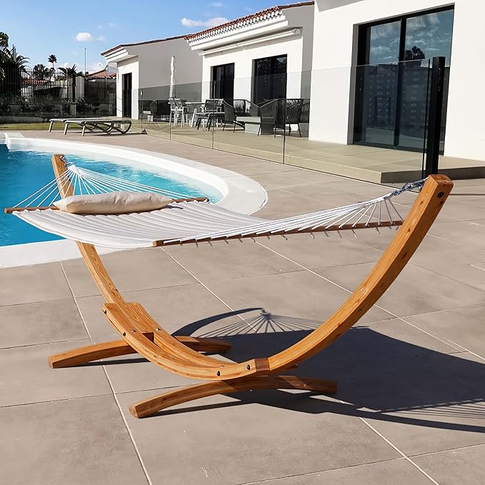 Lazy Daze Hammocks 13 FT Outdoor Arc Wood Hammock Stand, 2 Person Hard Pine Wood Hammock Stand with Carabiners and Chains for Outdoor Patio Garden Yard Poolside, 500lb Capacity, Natural