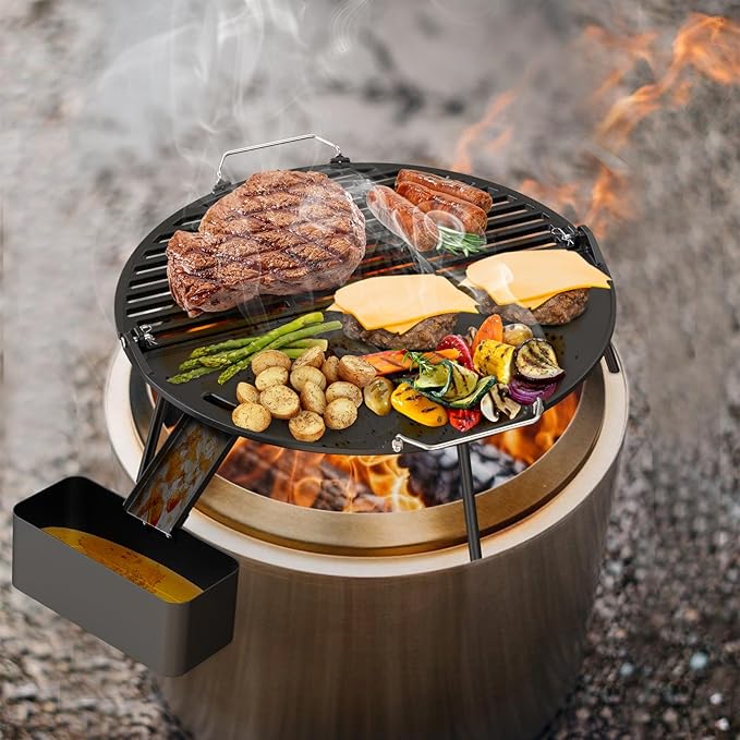 Onlyfire Cast Iron Griddle for Solo Stove Bonfire 19.5" Fire Pit, Foldable Cooking Grates Griddle Combo for Backyard and Outdoor Campfire BBQ