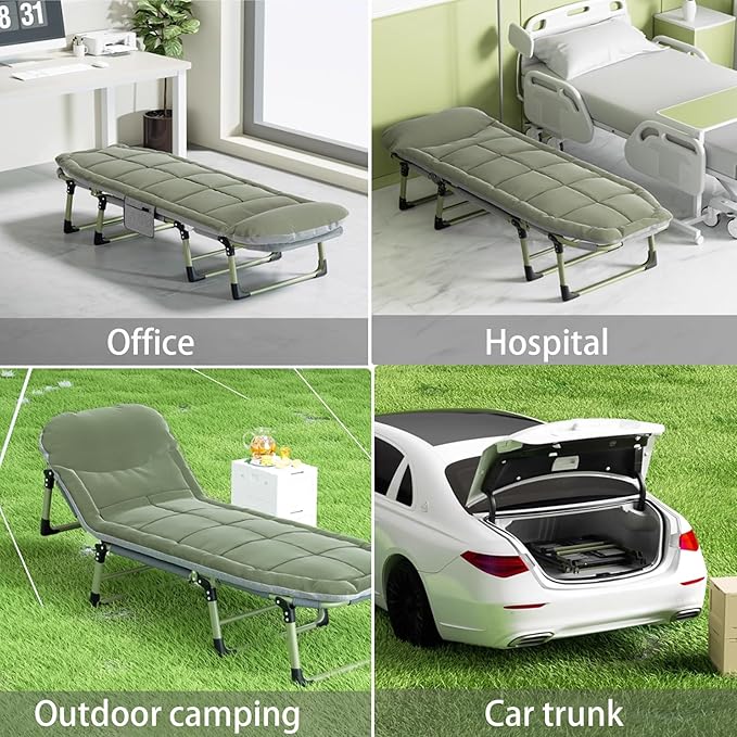 Folding Bed with Thick Cotton Mattress, 6-Position Adjustable with Side Pocket Single Person Portable Cot Chair for Bedroom Living Room Office, Outdoor Foldable Camping Cot(180 * 60 * 28cm)