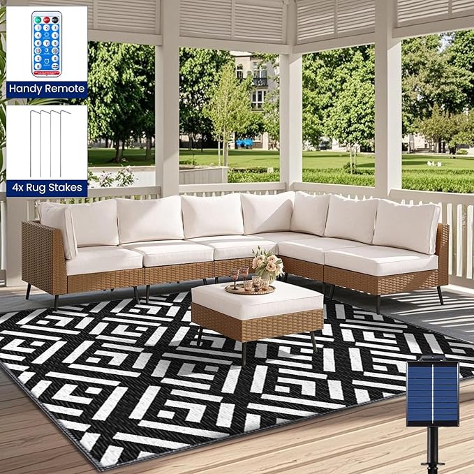 Outdoor Rug 6x9Ft, Solar Powered Outdoor Camping Rug with 94LEDs Strip Lights, Waterproof Plastic Reversible Outdoor Straw Rug, Rug Mat for RV Camping Patio Beach Balcony House Deck Picnic
