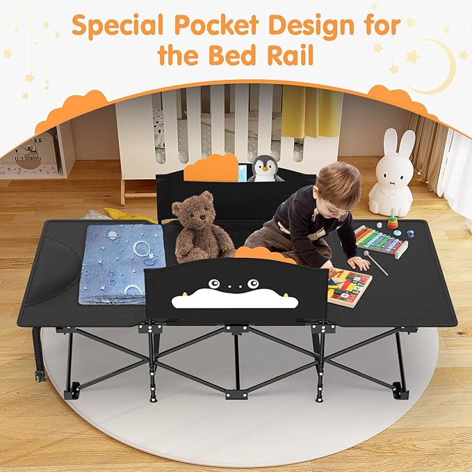 Suteck Kids Camping Cot, Comfortable Toddler Cot Bed Easy to Store and Use, Portable Sleeping Cot with Guardrail, Lightweight Bed for Outdoor Indoor Home