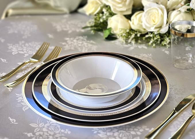 OCCASIONS 50-Piece Plastic Plates Set for 25 Guests – Heavy Duty Disposable Dinner & Dessert Plates, BPA-Free,Fancy Party/Wedding Dinnerware, Ritz Black & Gold