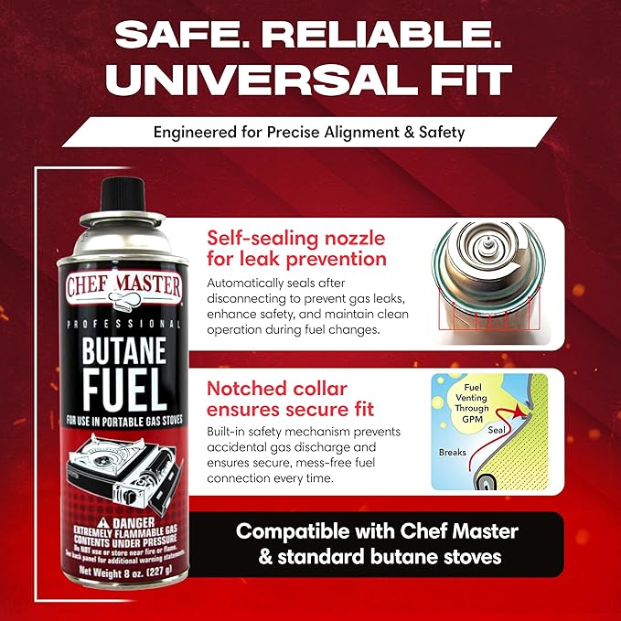 Chef Master 12x 8oz Butane Fuel Canister - Butane Canister for Kitchen Torch & Camp Stove - Gas for Picnics, Outdoor Cooking, Grilling - Camping Fuel Canister, Torch Fuel Camping Essentials - 90340