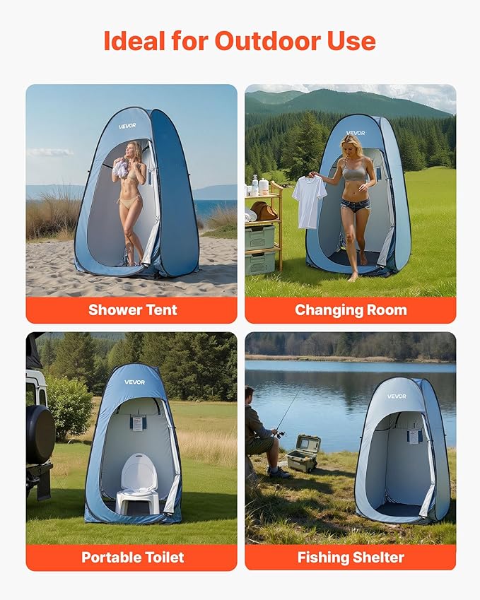 VEVOR Pop up Shower Tent, Instant Portable Privacy Tent Changing Room with Shower Bag, Ground Stakes, Ropes, Carry Bag, 190T Polyester with Silver Coating, Quick Setup, for Camping, Beach, Fishing