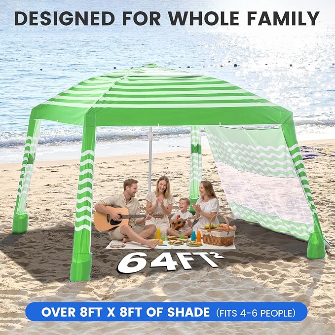 Zeraty Beach Cabana 8'×8', Portable Beach Canopy with Side Wall, Easy Pop Up UPF 50+ Silver-Coated Beach Tent Sun Shelter, Wind Resistant Adjustable Height Beach Umbrella Tent for Family, Green