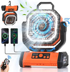 Honesorn Portable Rechargeable Fan 20000mAh, Camping Fan with LED Light & Remote, USB C Cordless Battery Powered, 4 Speeds Timer Hanging Hook for Travel Tent Outdoor Essentials - Orange