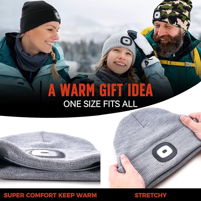 Unisex Beanie Hat with Light, Rechargeable Headlamps Cap, Gifts for Men, Hiking, Camping headlamps, Cool Gadget Birthday Gifts for Men, Women, Dad, Father, Boyfriend, Grey