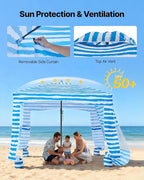 VEVOR Beach Cabana, 6 x 6 ft Beach Canopy with Side Wall, UPF 50+ Protection Easy Setup Cabana Tent with Sand Pockets, Portable Shade Sun Shelter Umbrella for Whole Family & Friends, Blue Stripes