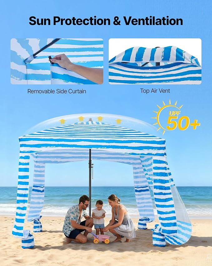 VEVOR Beach Cabana, 6 x 6 ft Beach Canopy with Side Wall, UPF 50+ Protection Easy Setup Cabana Tent with Sand Pockets, Portable Shade Sun Shelter Umbrella for Whole Family & Friends, Blue Stripes