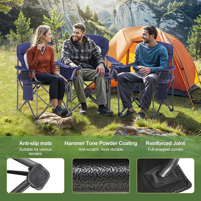 LET'S CAMP Oversized Folding Camping Chair Portable Outdoor Heavy Duty Padded Chairs Lawn Chair with Cup Holder, Storage Pocket and Cooler Bag, Supports 450LBS, for Camp, Travel, Picnic,2 Pack(Blue)