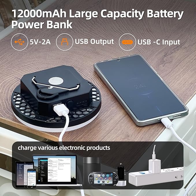 10000mAh Rechargeable Tent Light 3 Lighting Modes, 4000LM LED Portable Camping Lantern, IPX5 Waterproof, 30W Hanging Tent Light with Magnet, for Emergency & Gift
