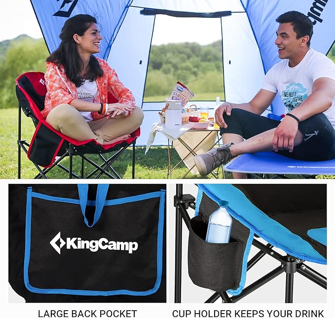 KingCamp Oversized Saucer Round Camping Chair Portable Padded Outdoor Folding Chair for Adult with Cup Holder Back Pocket Carry Bag, Support Up to 300lbs, Blue