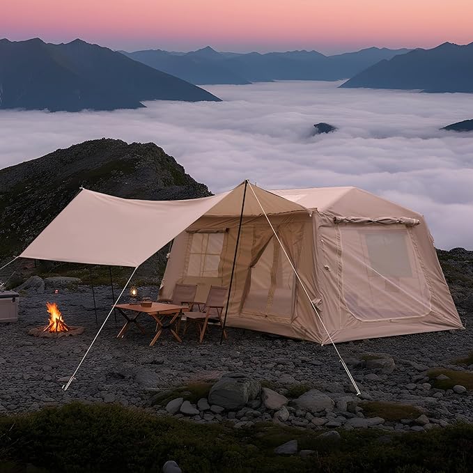 KEIKI Oxford Hot Tent for Camping, 2/3/4/6/8 Person Large Inflatable Tents w/Detachable Canopy, 4 Season Waterproof Tent for Hike Backpacking, Stove Jack AC Port, Mesh Doors Windows, Pump, Easy Setup