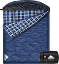 AGEMORE Cotton Flannel Double Sleeping Bag with Fleece Lined Hood, Waterproof Queen Size 2 Person Sleeping Bag for Adults Cold Weather Camping Backpacking or Hiking, 3-4season