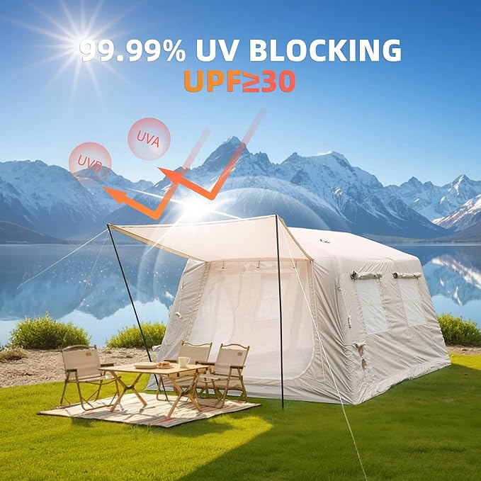 KEIKI Oxford Hot Tent for Camping, 2/3/4/6/8 Person Large Inflatable Tents w/Detachable Canopy, 4 Season Waterproof Tent for Hike Backpacking, Stove Jack AC Port, Mesh Doors Windows, Pump, Easy Setup