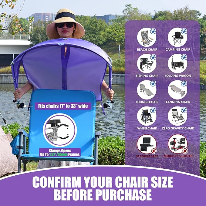 Universal Chair Umbrella Canopy, UPF 50+ Chair Sun Shade Attachment with Adjustable Clamp Fits Most Brands’ Beach, Camping, Lawn, Wheelchair, Tanning, Zero Gravity, Lounge, Fishing Chairs, Patented