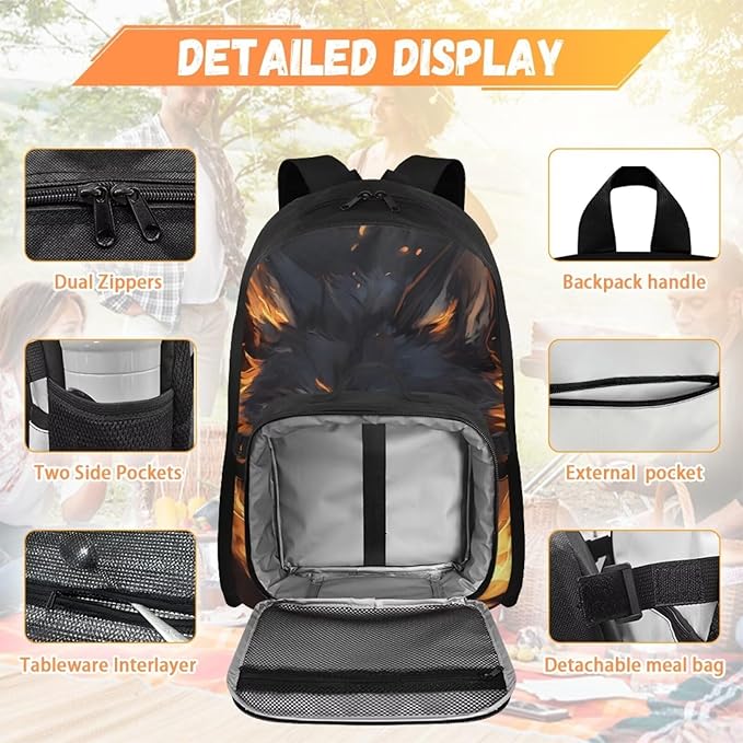 Flame Wolf Backpack with Lunch Box Leakproof 17 Inch Polyester Book Bag for Teens Cool School Bag with Detachable Lunch Bag for Outdoor Camping