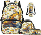 Excavator Backpack and Lunch Box Set Boys American Flag 17 Inch Kids School Backpack Boy Bookbag with Lunch Box Set of 4 Students Back to School Gifts Bag