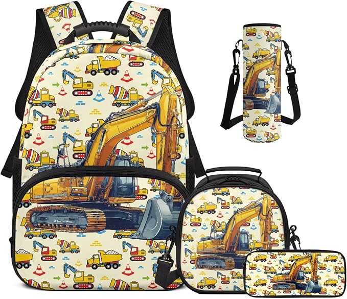 Excavator Backpack and Lunch Box Set Boys American Flag 17 Inch Kids School Backpack Boy Bookbag with Lunch Box Set of 4 Students Back to School Gifts Bag