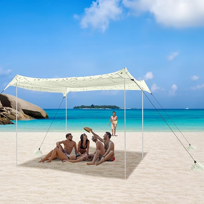 Beach Tent, Beach Canopy Sun Shade UPF 50+, Portable 10×10 FT Camping Sun Shelter with Sandbags, Poles, Ground Pegs and Anti-Wind Rope for Outdoor, Backyard, Picnics, Fishing