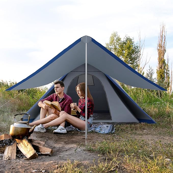 Family Teepee Tent Waterproof Camping Tent with Porch, Floor & Carry Bag for 2-3 Person Backpacking, Hiking, and Outdoor Adventures Blue