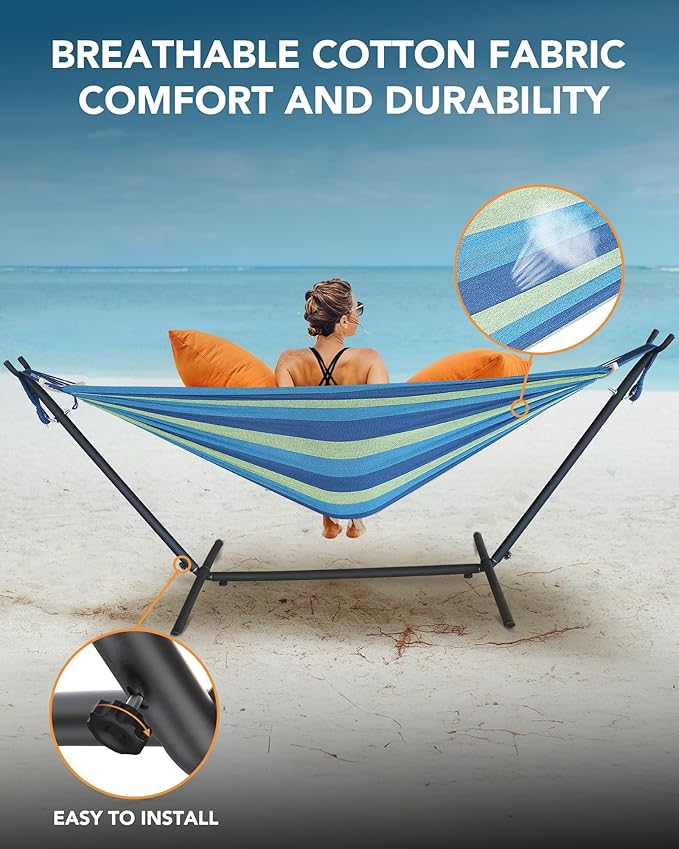 Double Hammock with Space-Saving Steel Stand, 2 Person Heavy-Duty Hammock for Garden, Yard or Outdoor, 600lbs Capacity, Wide Blue