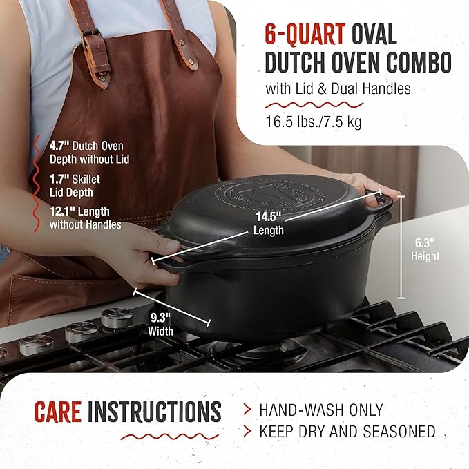 Victoria 6-Quart Cast Iron Oval Dutch Oven, Combination Combo Cooker Pot and Skillet, Bread Baker, Made in Colombia, 2-Piece Set