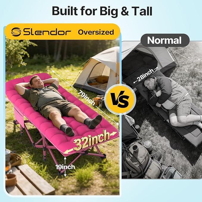 Slendor XXL Folding Camping Cot for Adults with Mattress Pillow Carry Bag, 32 inch Extra Wide Portable Sleeping Cot, 900LBS Support Outdoor Cot Bed for Office Nap Beach Travel RV