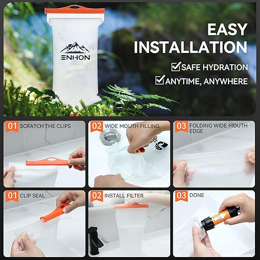 Enhon 2L Water Bag for Hiking Compatible with 28mm Sawyer Water Filter, Durable TPU Material Collapsible Bladder for Camping Fishing or Traveling, PVC Free Squeeze Pouch