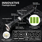 Rechargeable Flashlight 15,000 High Lumens, 120W XHP360 LED Super Bright Tactical Zoomable Flashlights with USB Output, Large Capacity Powered Waterproof Flash Light for Emergencies, Camping, Hunting