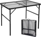4 ft Folding Table with Metal Mesh Desktop, Grill Table Camping Table with Carry Handle,Adjustable Height (16.5" & 26"), Outdoor Table for Camp, Cooking, BBQ, RV, Picnic,Fits 4–8 People,Black