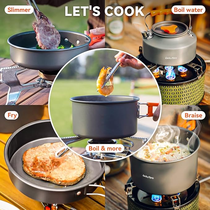 ONLYFIRE OUTDOOR LIVING14pcs Camping Cookware Set, Lightweight Nonstick Pots, Pan, Kettle, Utensils, Bowls, and Cleaning Tool with Mesh Bag for Camping Hiking Backpacking RV Tailgating Cooking, CT604