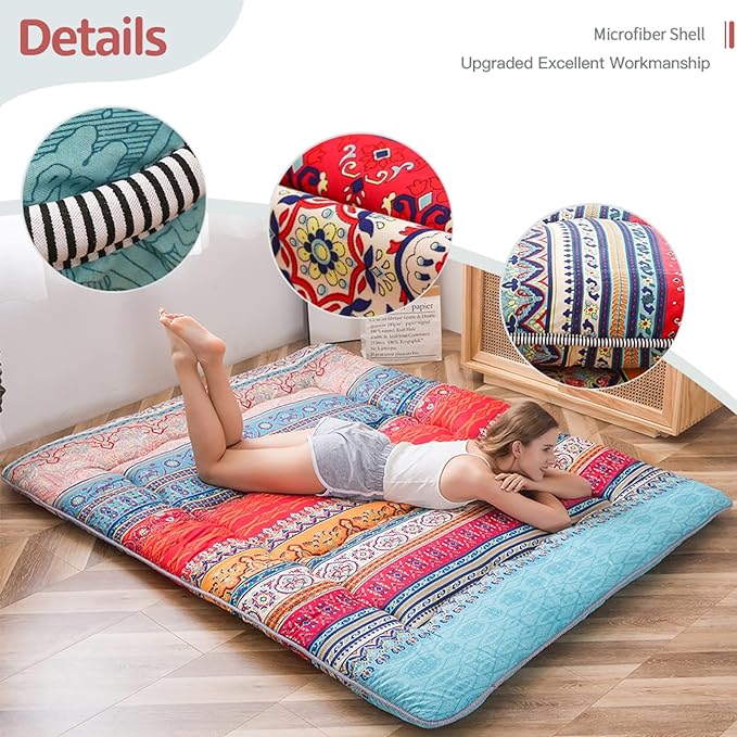 MAXYOYO Bohemian Retro Floor Mattress Vintage Floral Japanese Futon Mattress Roll Up Tatami Floor Mat Foldable Bed Portable Camping Mattress Sleeping Pad Floor Lounger Couch Bed Twin Size