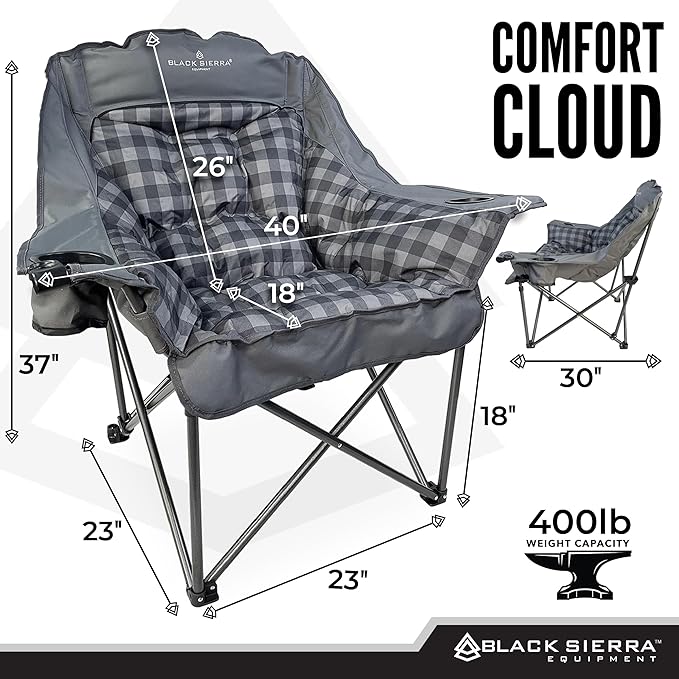 Black Sierra Oversized Camping Chair for Adults – 400 lb Heavy Duty Folding Chair with Cup Holders & Carry Bag