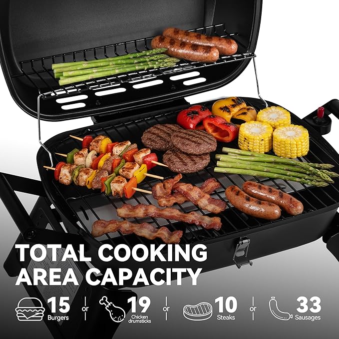 GT2007 Portable Tabletop Gas Grill, 12,000 BTU Output for Outdoor Camping, Foldable Legs, Piezo Ignition, Built-in Thermometer, for Tailgates and Camping Trips, Black