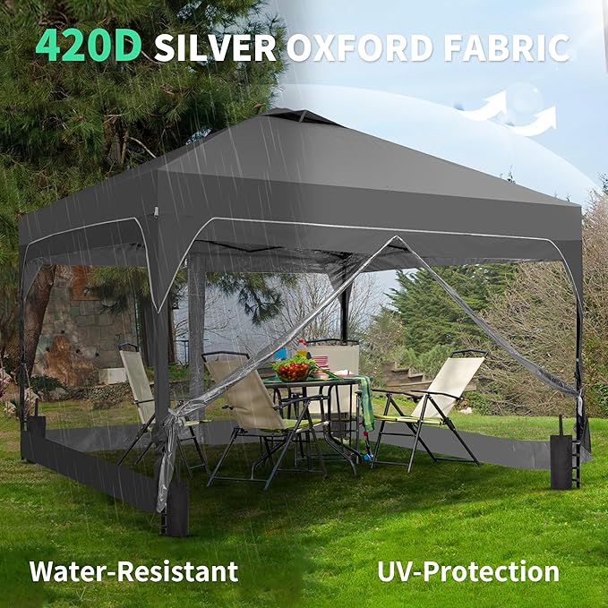 GDY 10x10 FT Pop Up Canopy Tent with One Push Setup,Setup Gazebo with 4 PVC Transparent Sidewalls,Easy Carry for Events, Parties, Camping, Gray