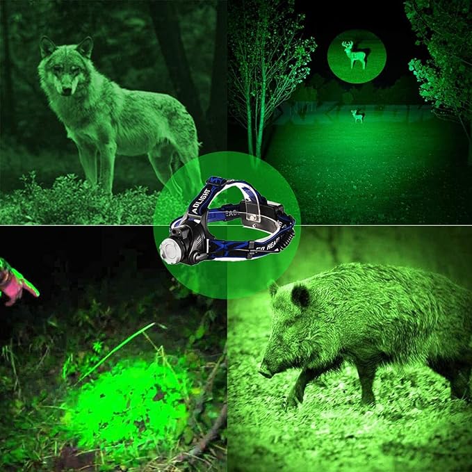 GRACETOP Greenlight LED Headlamp, 1800 Lumens Zoomable Hunting LED Head lamp Flashlight, Hands-Free Headlight Torch Lamp for Hunting Hiking Camping Fishing Reading Running