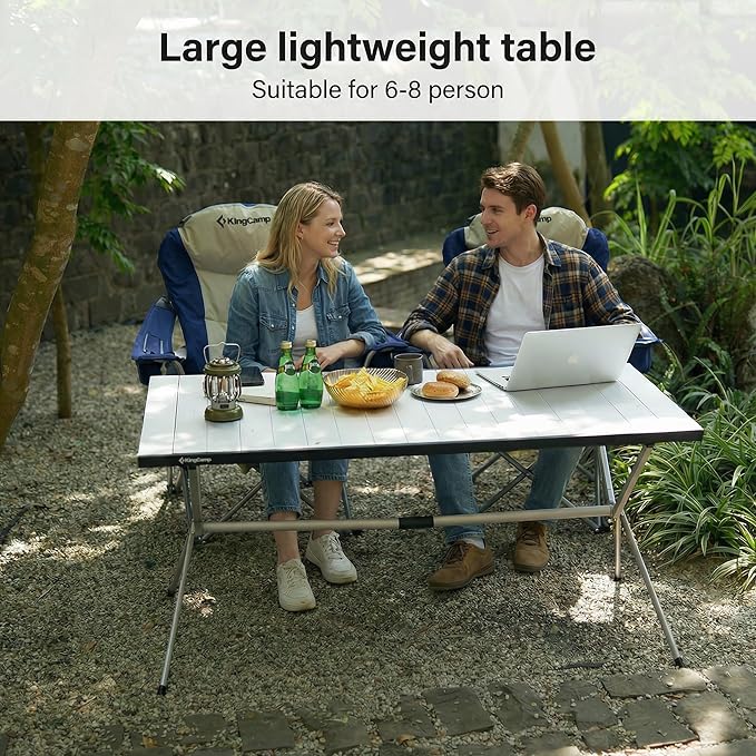 KingCamp Large Folding Camping Table Aluminum Roll Up Table Oversized Camp Table Stable Portable Outdoor Folding Table for Picnic Camping BBQ Backyard Party, 57.4''×31.4'' 6-8 Person,Support 176lbs