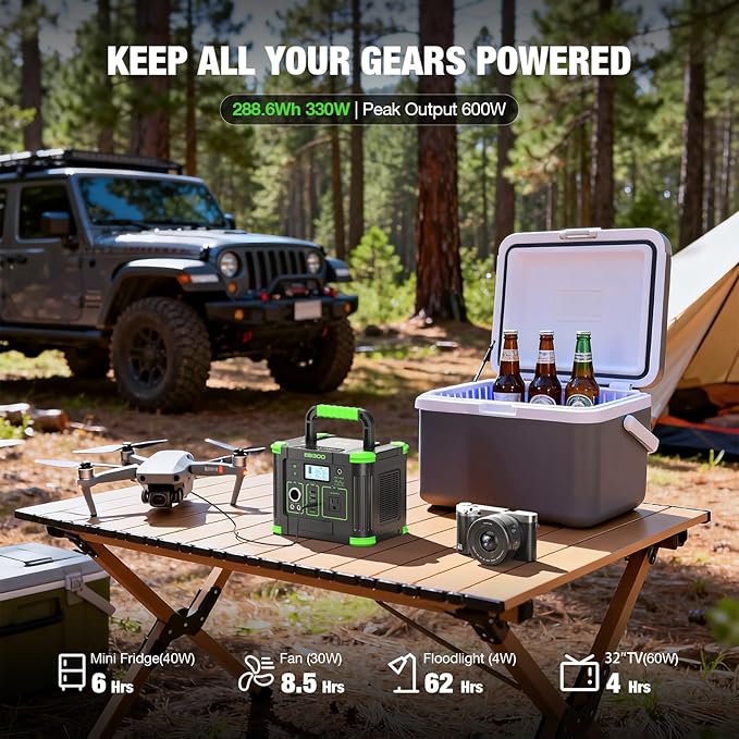 Portable Power Station 330W 288Wh Solar Generator with 60W USB-C PD Fast Charging, Pure Sine Wave AC Outlet, 5W Wireless Charger, LED for Camping, RV, CPAP, Home Emergency Backup, Off-Grid Living