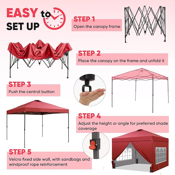 GDY 12x12 Pop Up Canopy Tent with 4 Sidewalls, Easy Set up with One Push Lift Gazebo with Wheel Bag and4 Sandbags,Carpas for Events, Parties,Camping, Red.