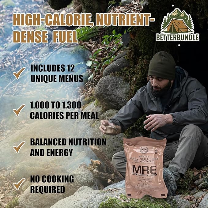 MRE Meal Ready to Eat Meals - Pack Of 4 - Emergency MRE Meals For Camping Hiking & Other Outdoor Activities Nutritional Emergency Food Rations - Freeze Dried Food w/ Flameless Heater, Entree, Dessert, & More - MRE Kit for Emergency Survival, Hunting, &...
