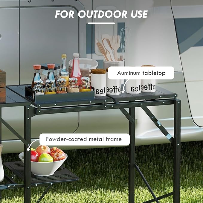 Outsunny Folding Camp Kitchen Table, Portable Camping Cooking Station with Adjustable Lantern Holder, Hanging Hooks and Carrying Bag for Outdoor Picnic Beach BBQ Traveling