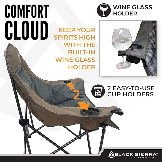Black Sierra Oversized Camping Chair for Adults – 400 lb Heavy Duty Folding Chair with Cup Holders & Carry Bag